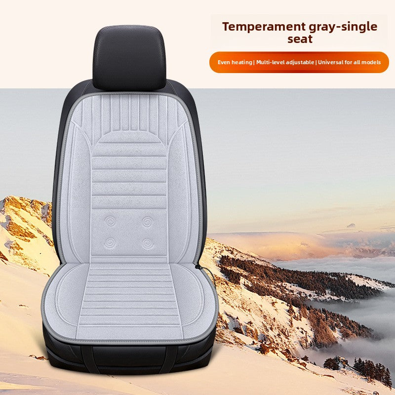 white heated car seat cover on a mountain landscape background