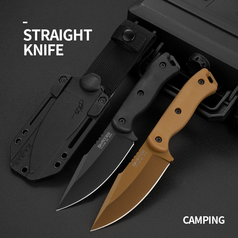 Two knives with black and brown handles on a dark background, labeled 'Straight Knife' and 'Camping'.