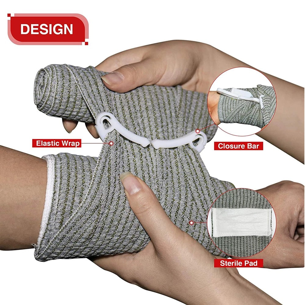 Elastic wrap with closure bar and sterile pad on a person's wrist, labeled for design elements.