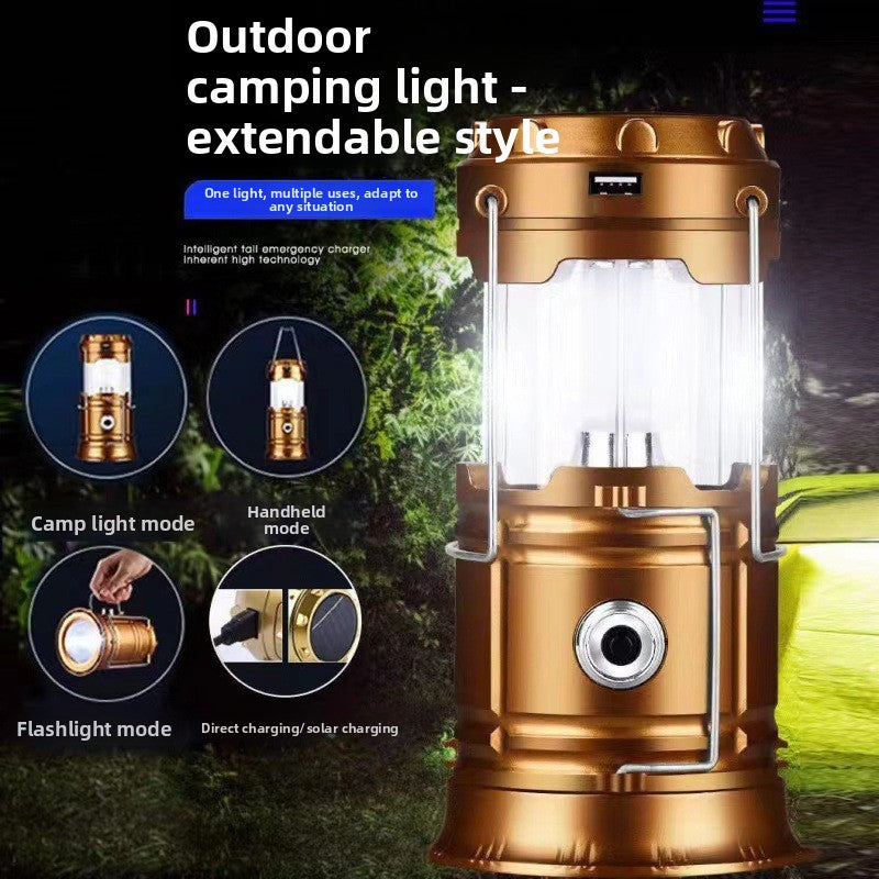 Gold camping light with multiple modes on a dark background