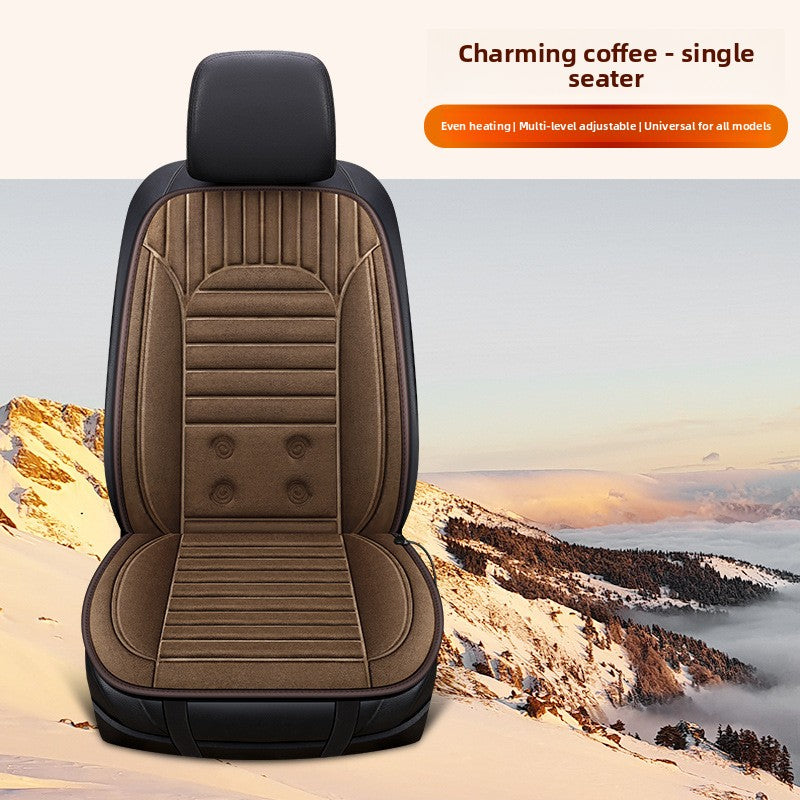 brown heated car seat cover with mountain landscape in the background
