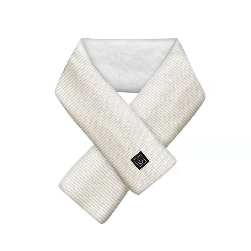 White knitted heated scarf with a power button on it, on a white background
