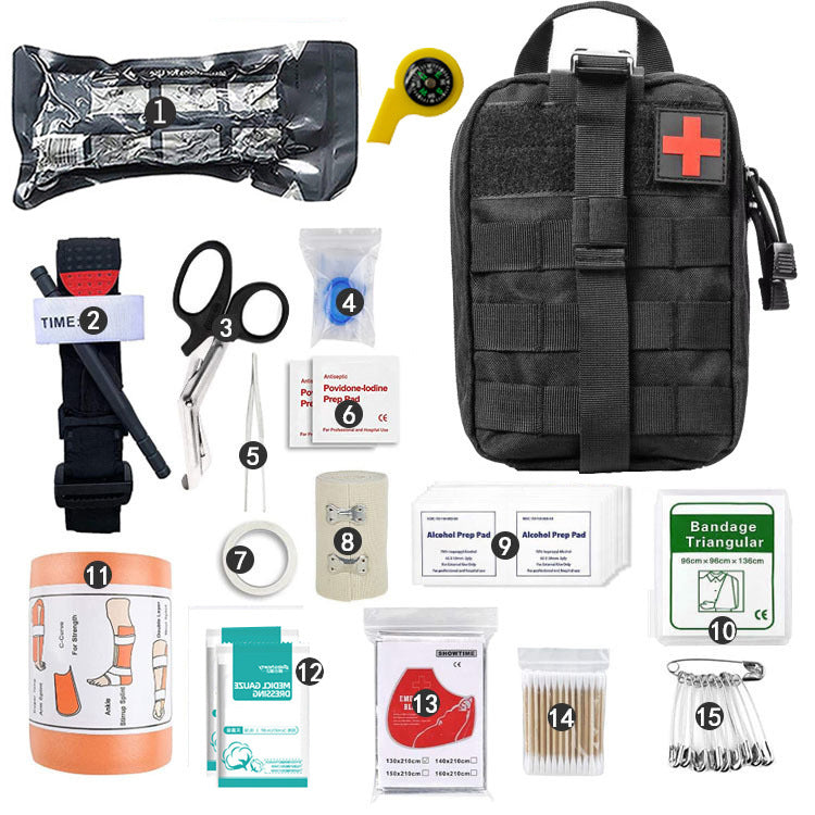 Collection of medical supplies including a black tactical pouch, bandages, scissors, and other first aid items on a white background.