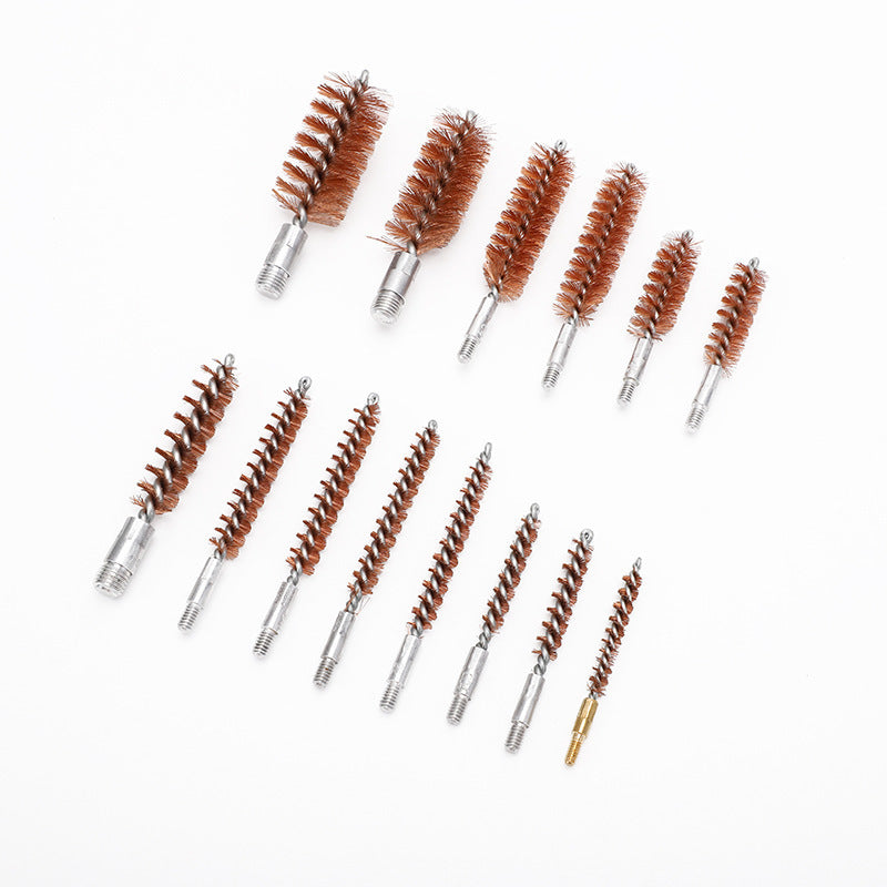 Set of 13 gun cleaning brushes with bristle heads on a white background