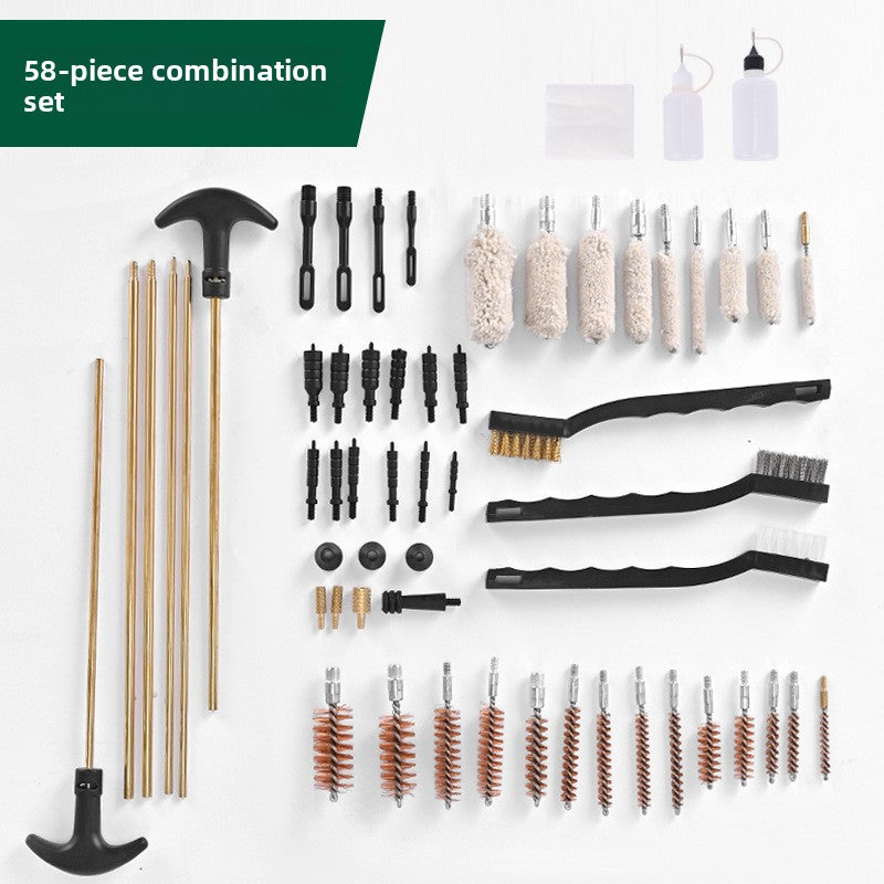 58-piece gun cleaning kit with various tools on a white background