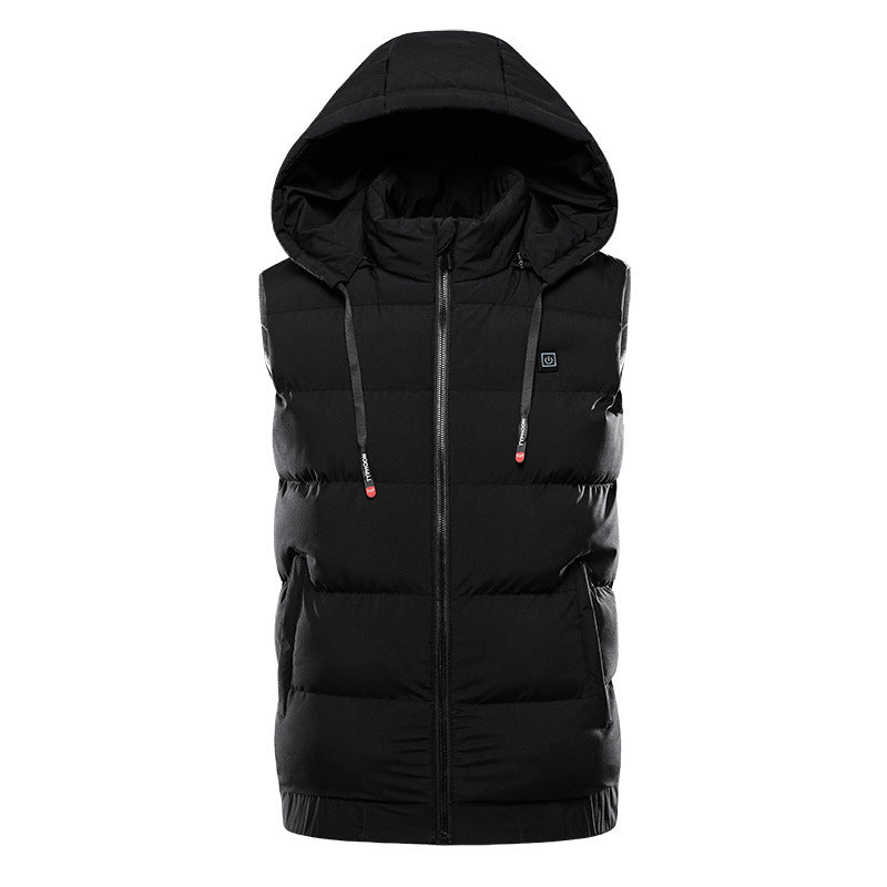 Black puffer vest with a hood on a white background