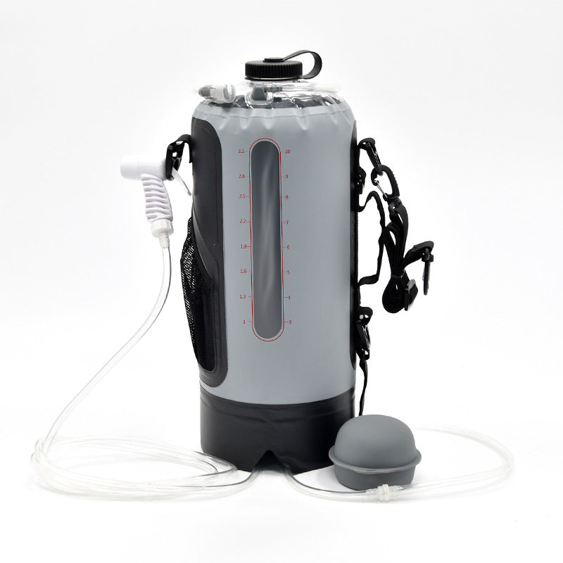 Portable camping shower with hoses on a white background