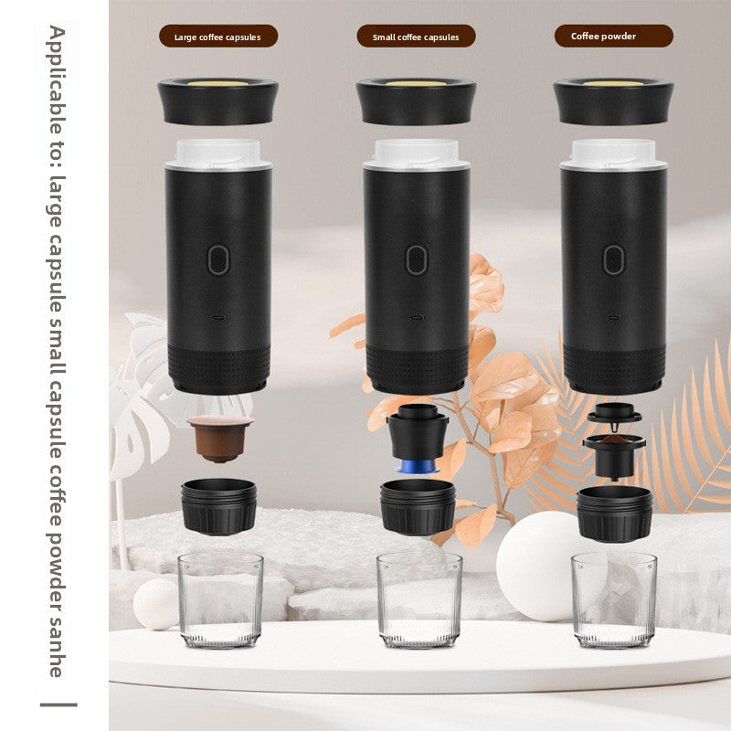 Black coffee capsule and powder device with clear cups on a neutral background