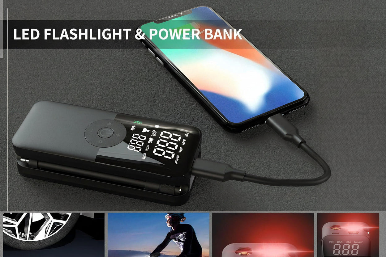 Portable air pump with built in power bank and LED flashlight, charging a smartphone on a dark surface.