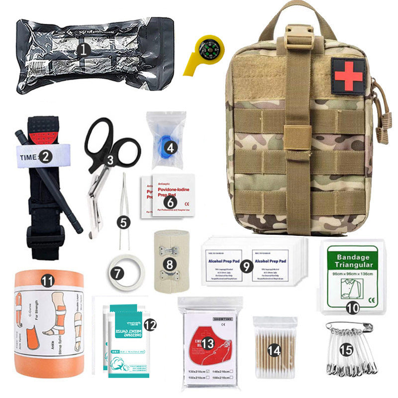 Collection of medical supplies and a camouflage first aid kit on a white background