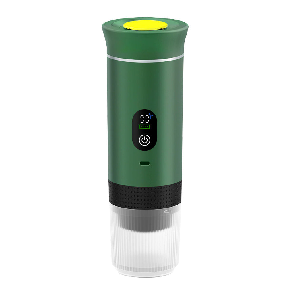 Green portable coffee machine on a white background