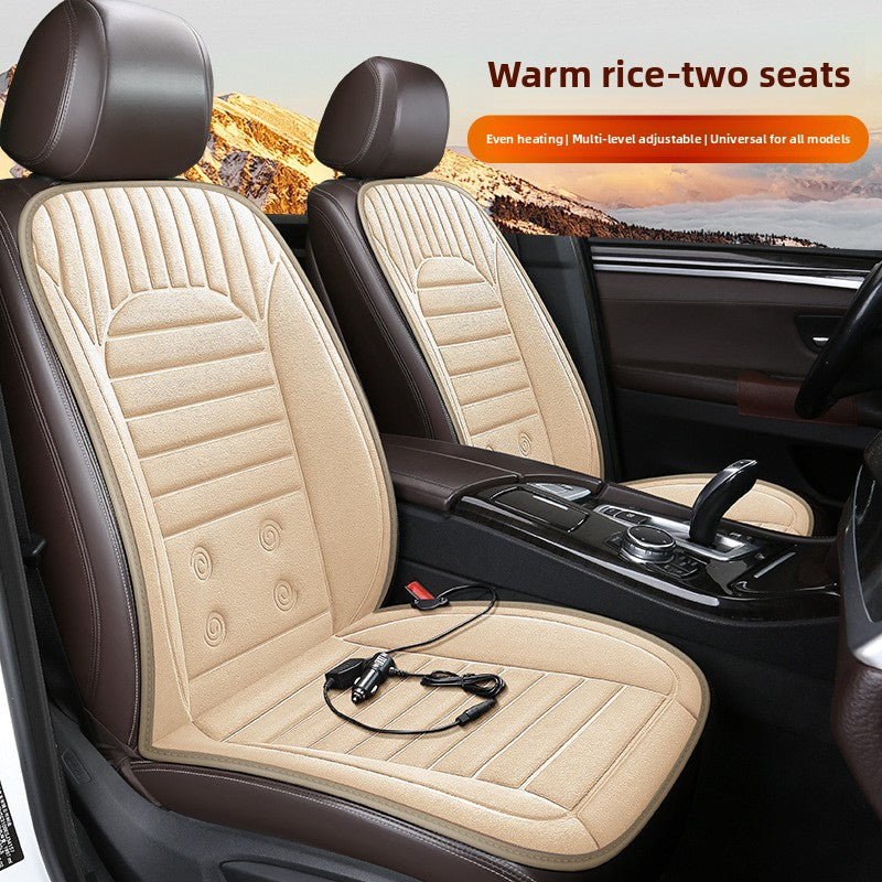 Beige car seat covers with heating function in a vehicle interior, featuring a scenic background.
