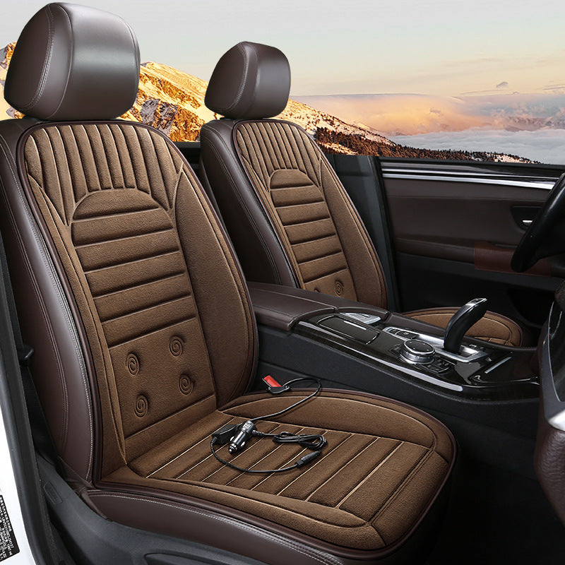 Brown car heated seat covers with a scenic view outside the window