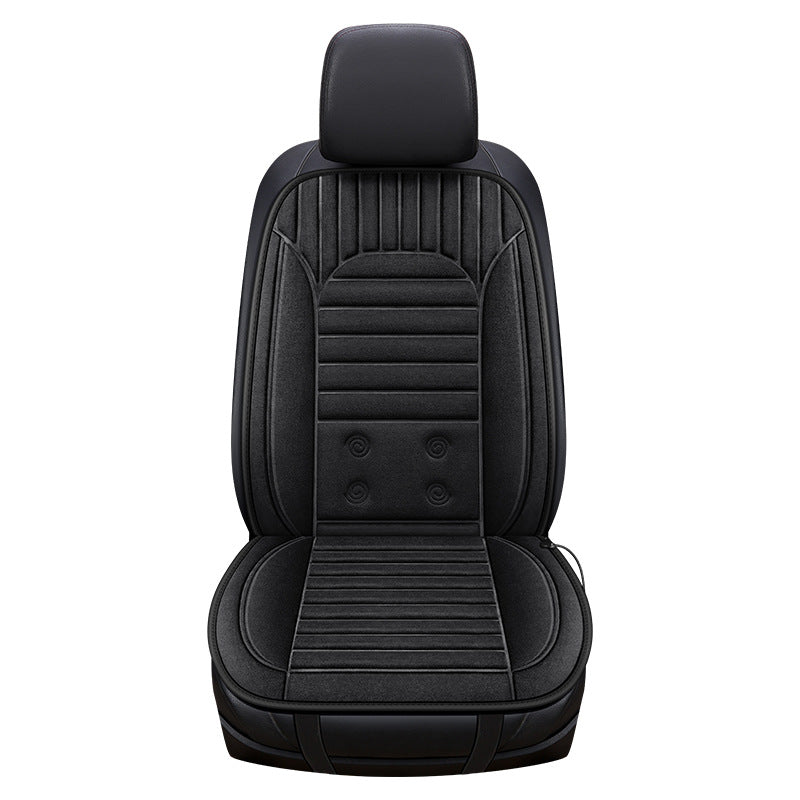 Black heated car seat cover with textured design on a white background
