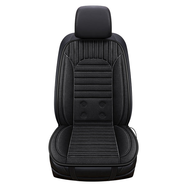 Black heated car seat cover with textured design on a white background