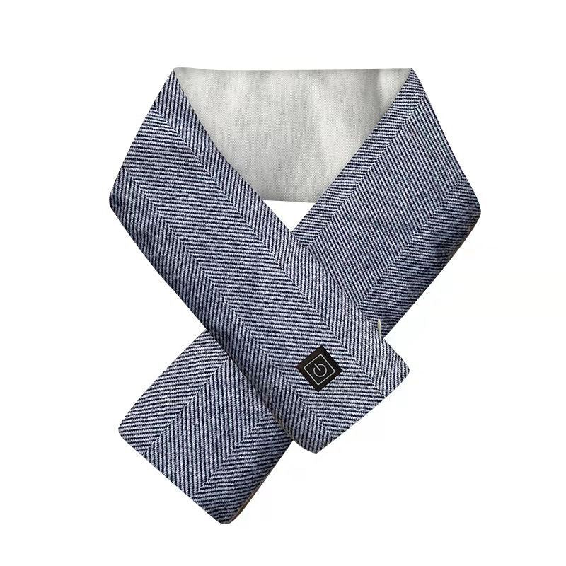 Blue herringbone patterned heated scarf with a power button on it, on a white background