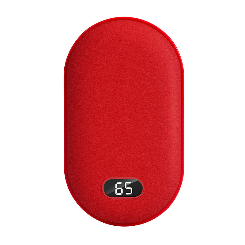 Red hand warmer with a digital display on a white background