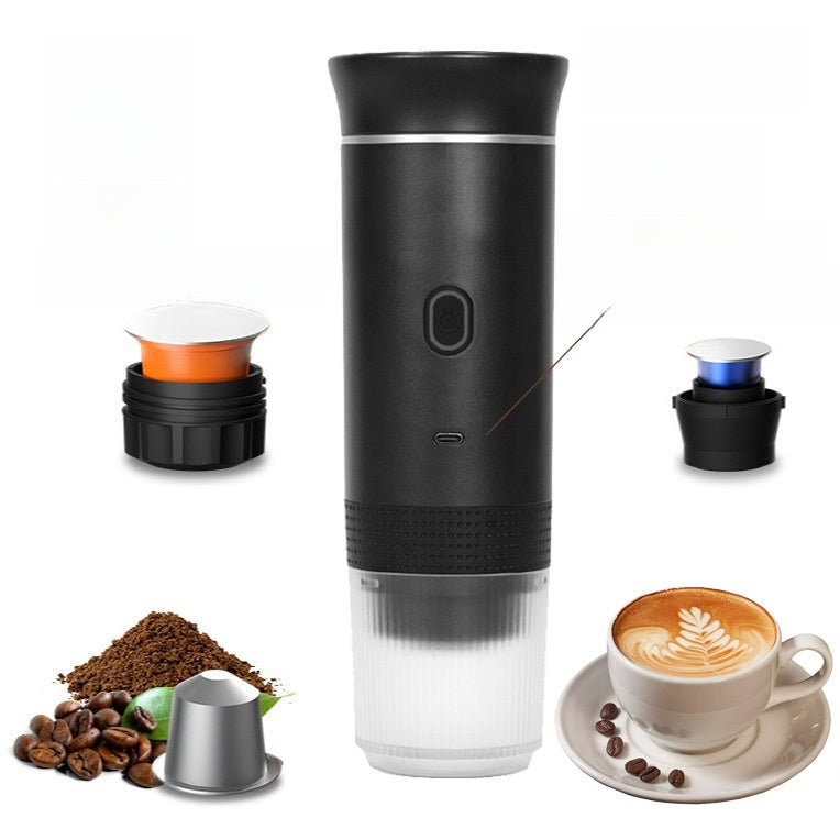 Black portable coffee maker with coffee-related items on a white background