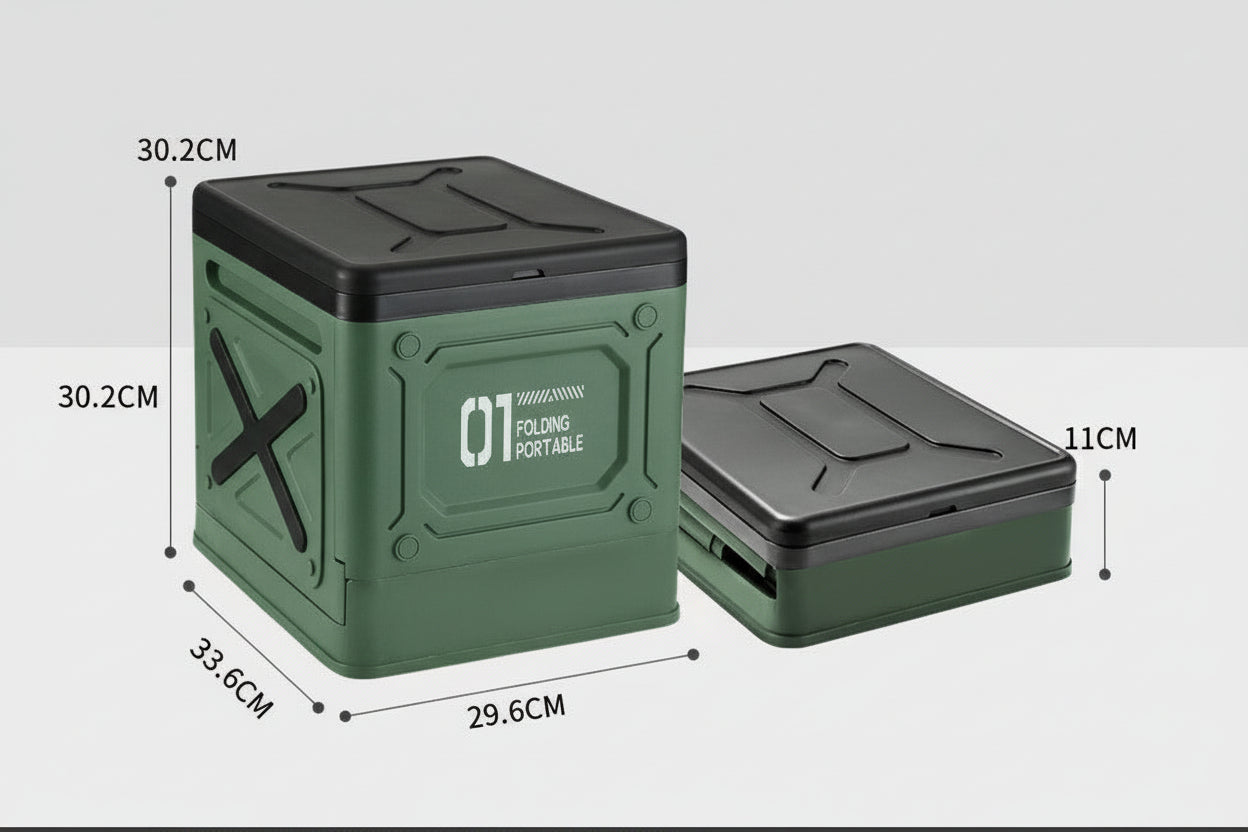 Green and black portable folding toilet with dimensions on a gray and white background