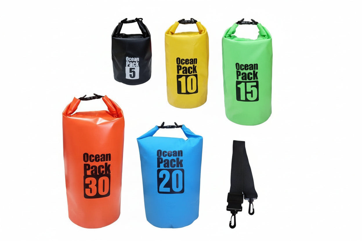 Set of colorful 'Ocean Pack' dry bags with varying capacities on a white background.