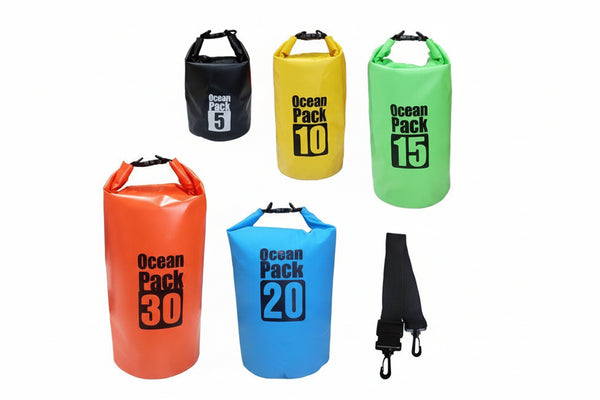 Set of colorful 'Ocean Pack' dry bags with varying capacities on a white background.