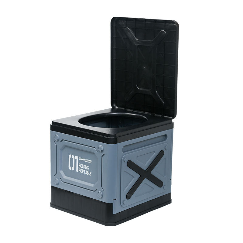 Portable composting toilet with open lid on a white background