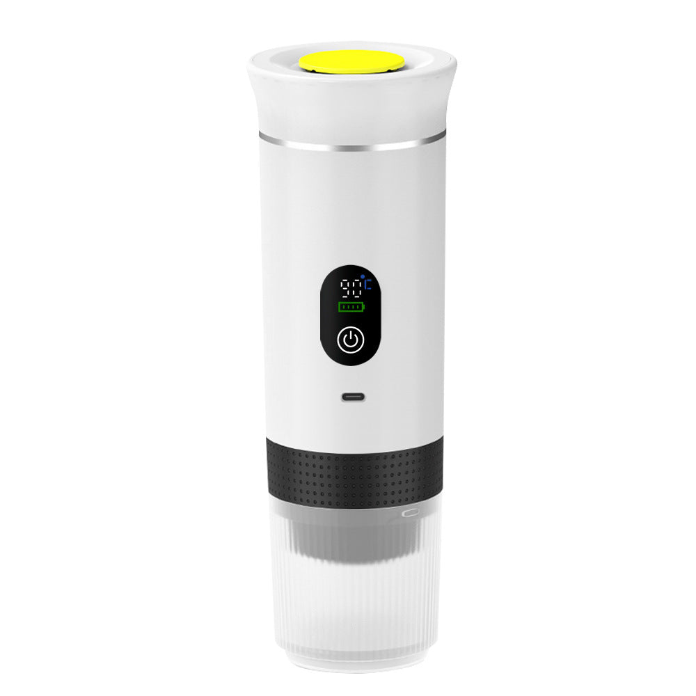 White and black portable coffee machine with a digital display on a white background