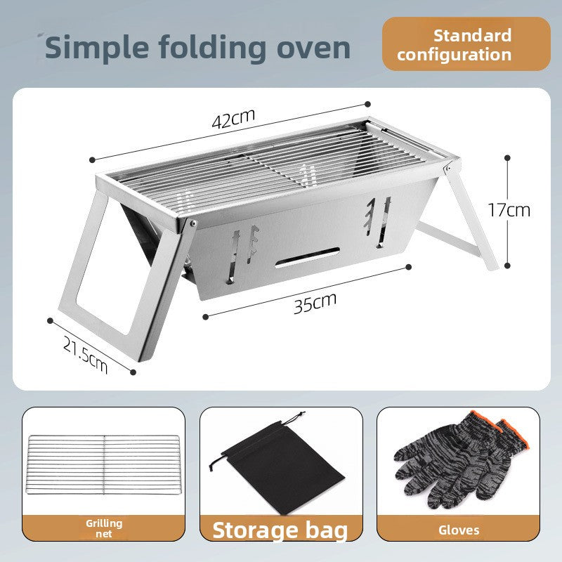 Standard folding barbecue grill with dimensions and accessories on a gray background