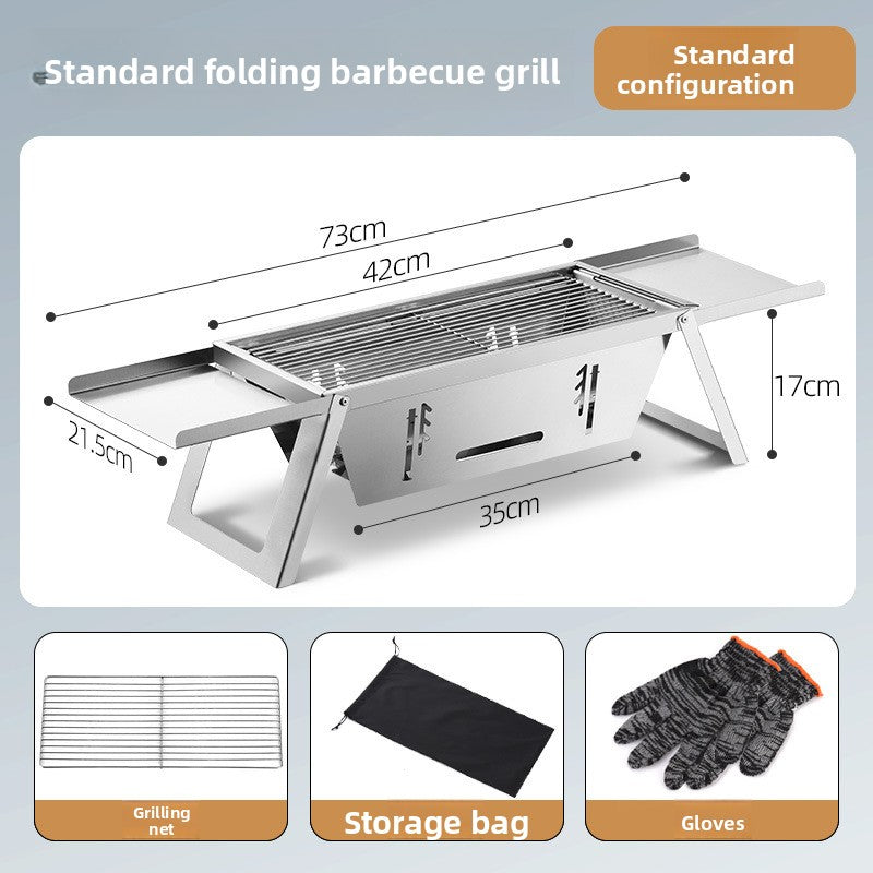 Standard folding barbecue grill with dimensions and accessories on a gray background