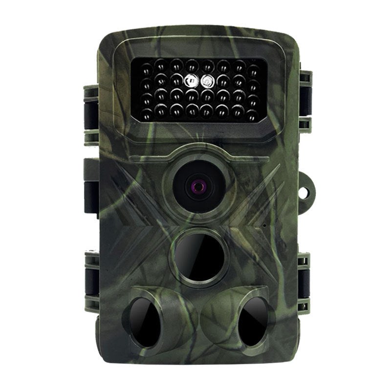 Camouflage-patterned wildlife camera on a white background