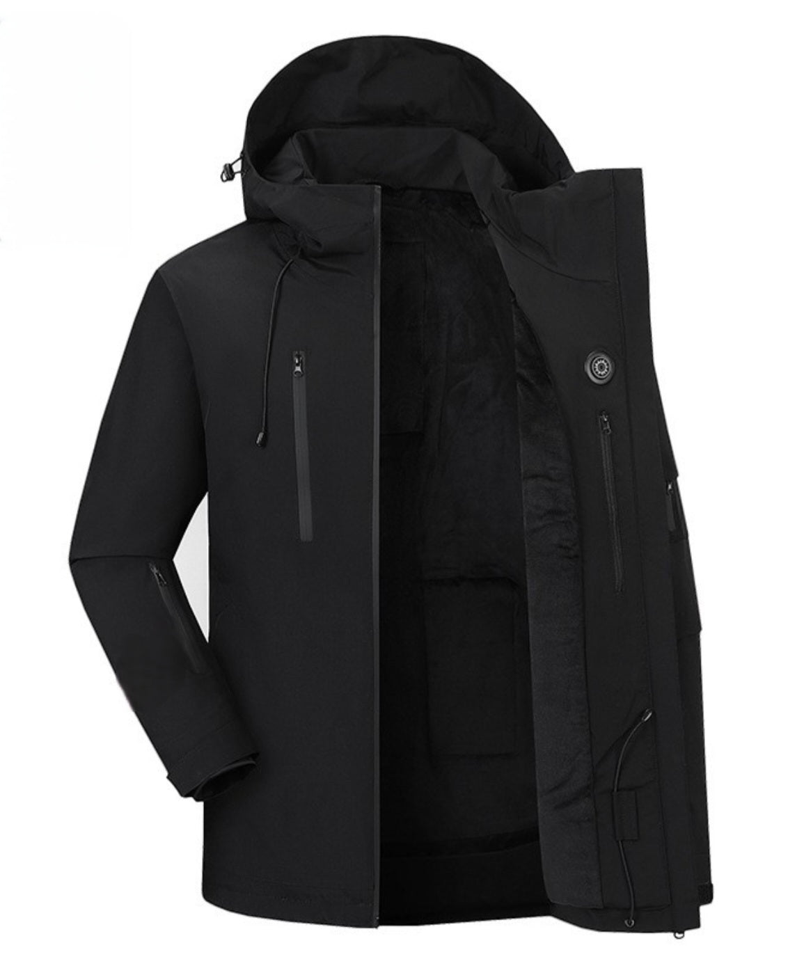 Black heated winter jacket with a hood on a white background