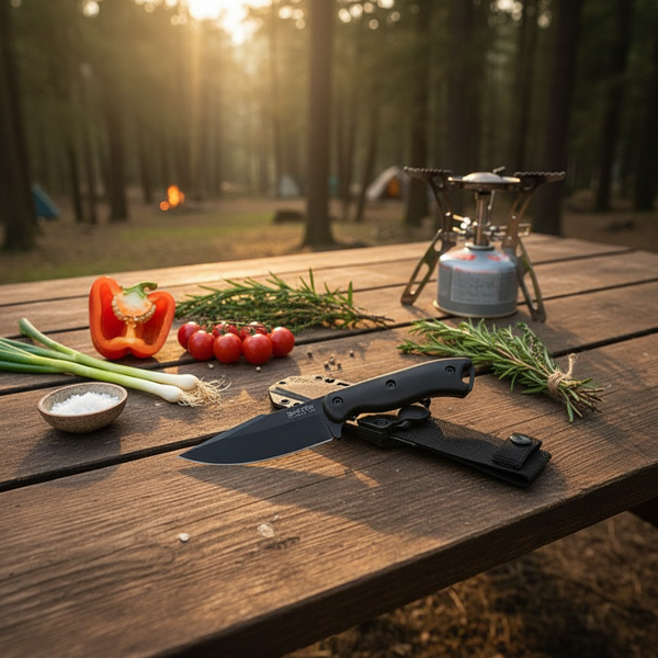 Knife, vegetables, and a camping stove on a wooden table with a forest background
