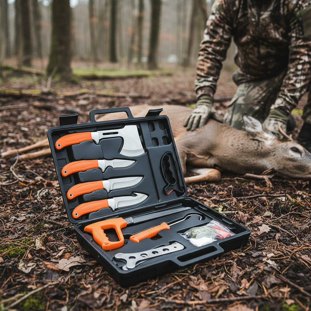 9 piece knife set on ground beside hunter about to process a deer