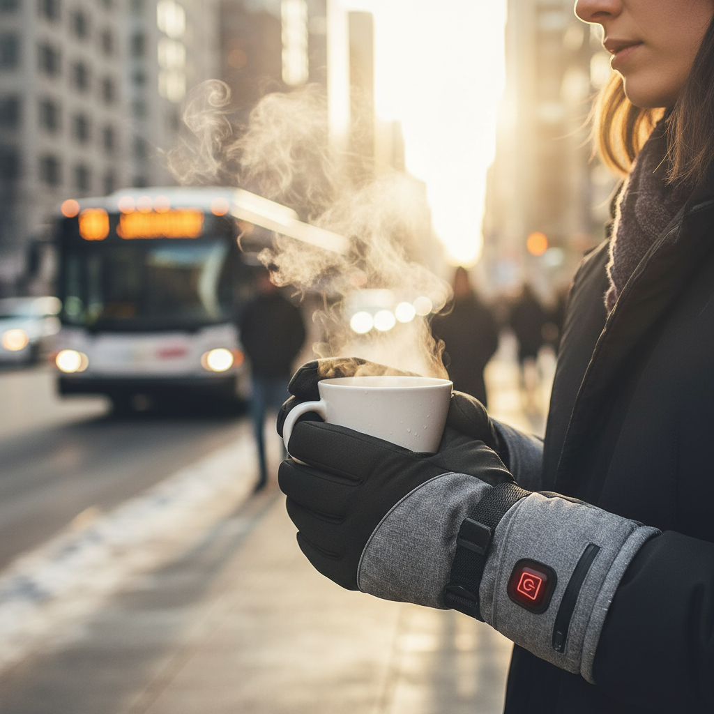 Person holding a steaming cup of coffee in an urban setting with a bus in the background. She's wearing pair of heated gloves.