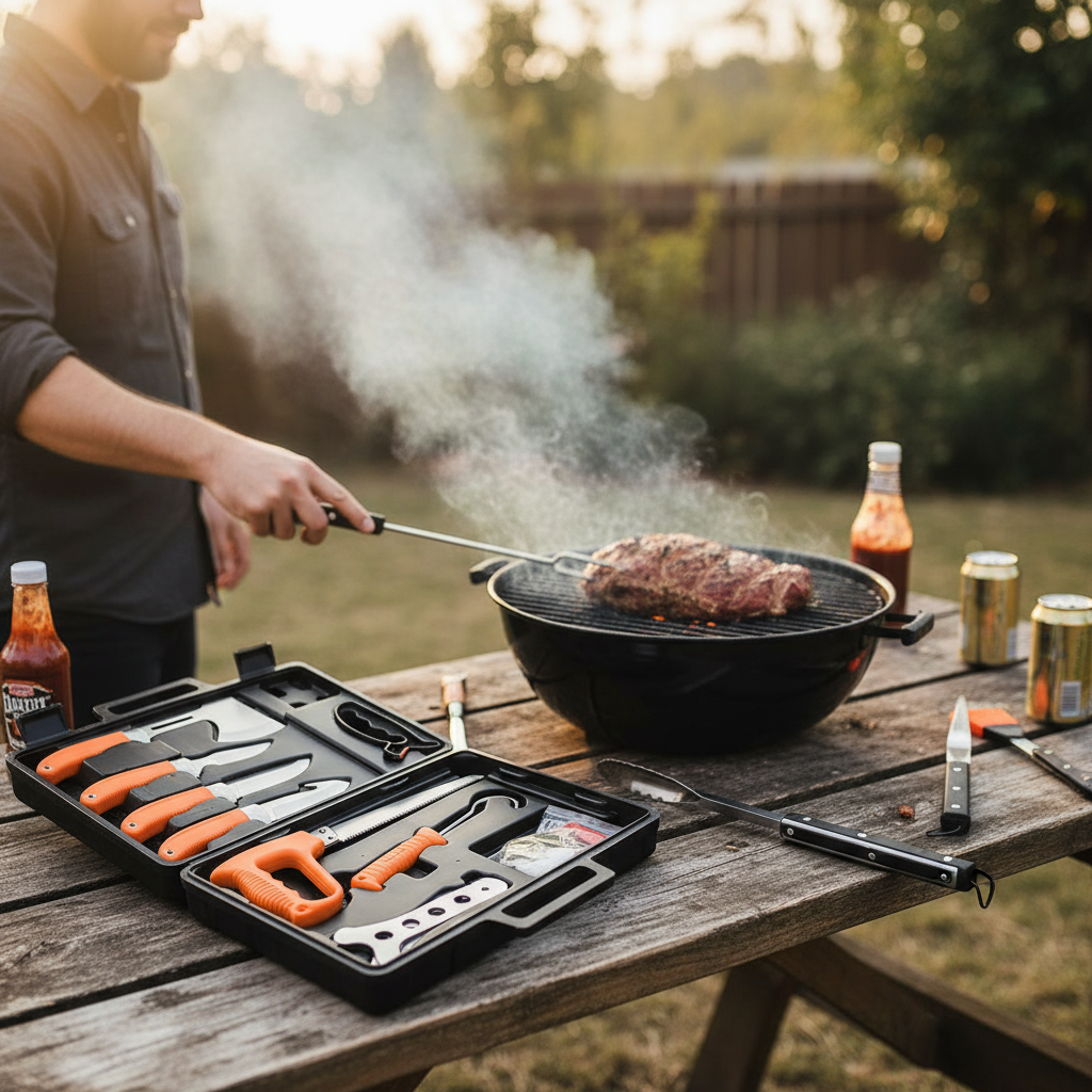 9 piece knife set on table while someone is bbq some meat in the background