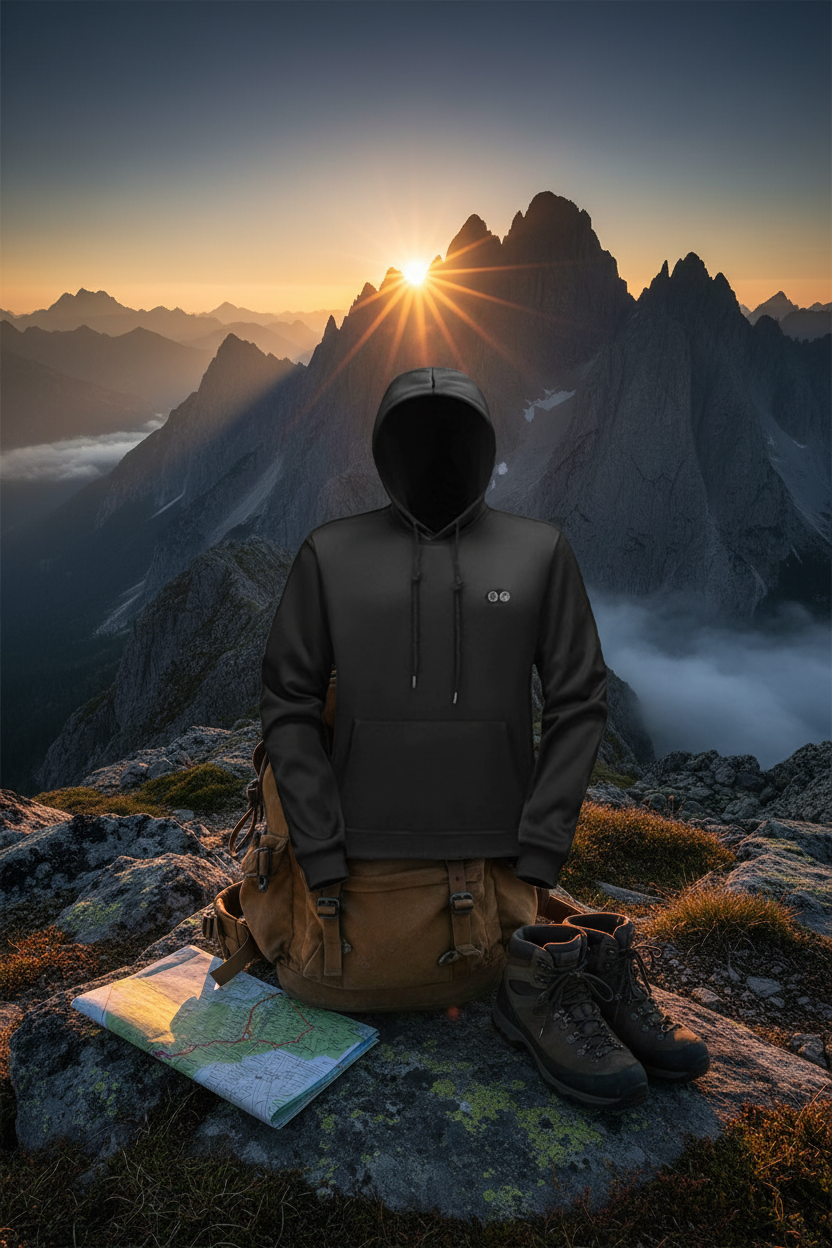 Black heated hoodie sitting on a backpack on the top of a mountain peak with a map, surrounded by snow-capped mountains at sunset.