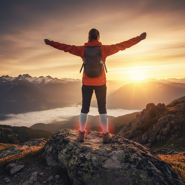 Person in orange jacket with arms outstretched on a mountain top at sunset wearing heated socks