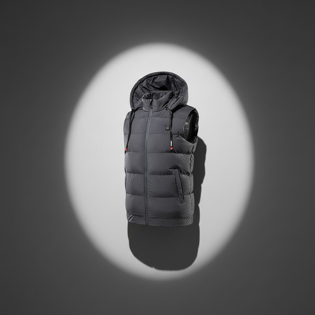 Gray puffer vest with a hood on a dark background
