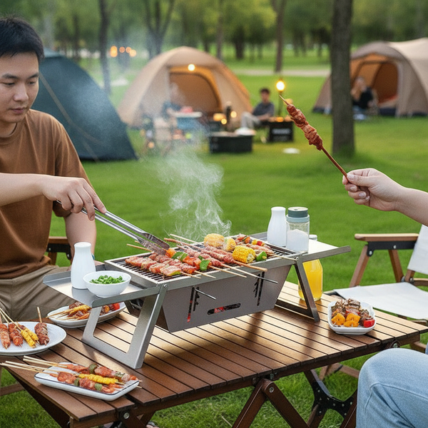 Two people grilling food on a portable grill at a campsite with tents in the background.