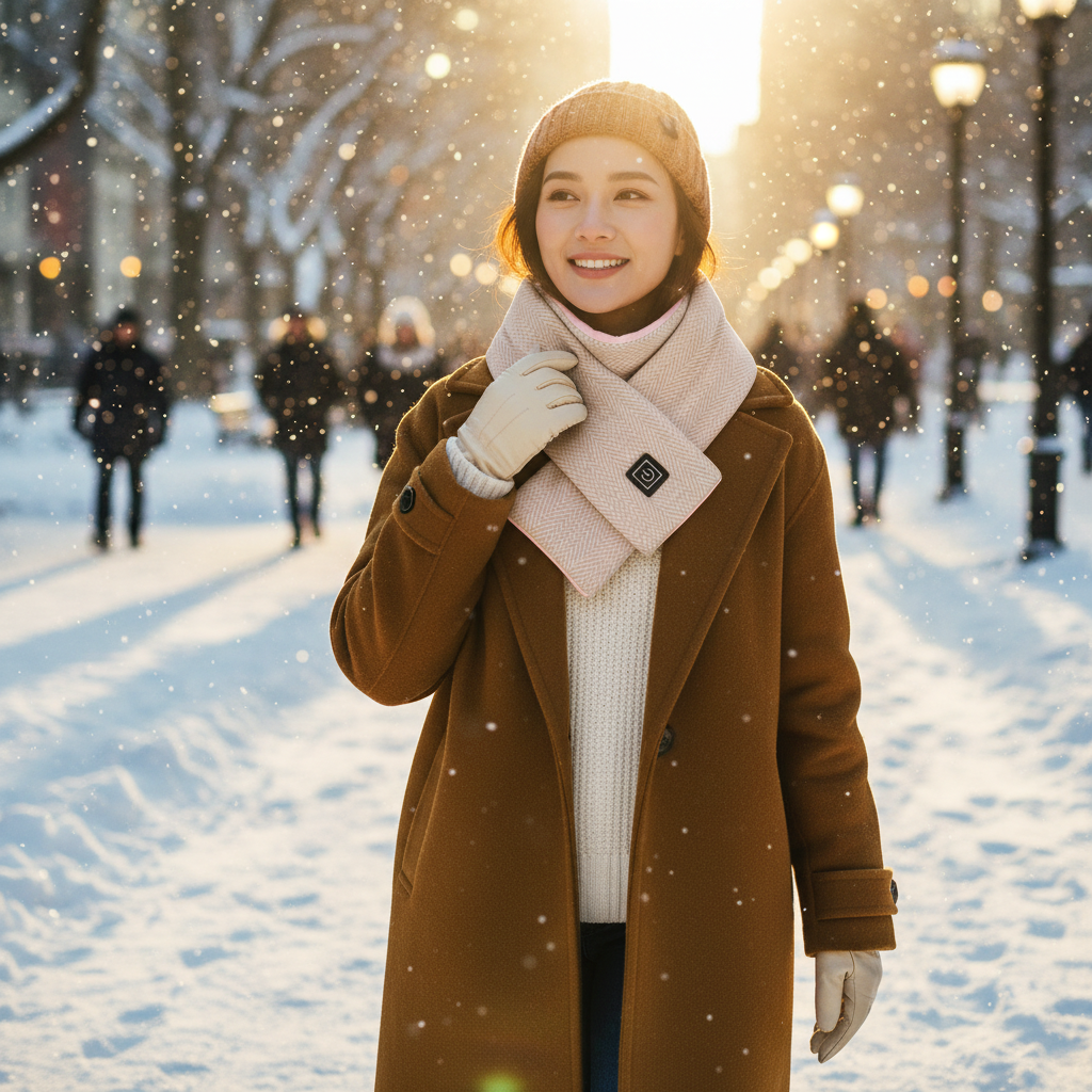 Woman in a brown coat and hat standing in a snowy park with people in the background. wearing heated scarf