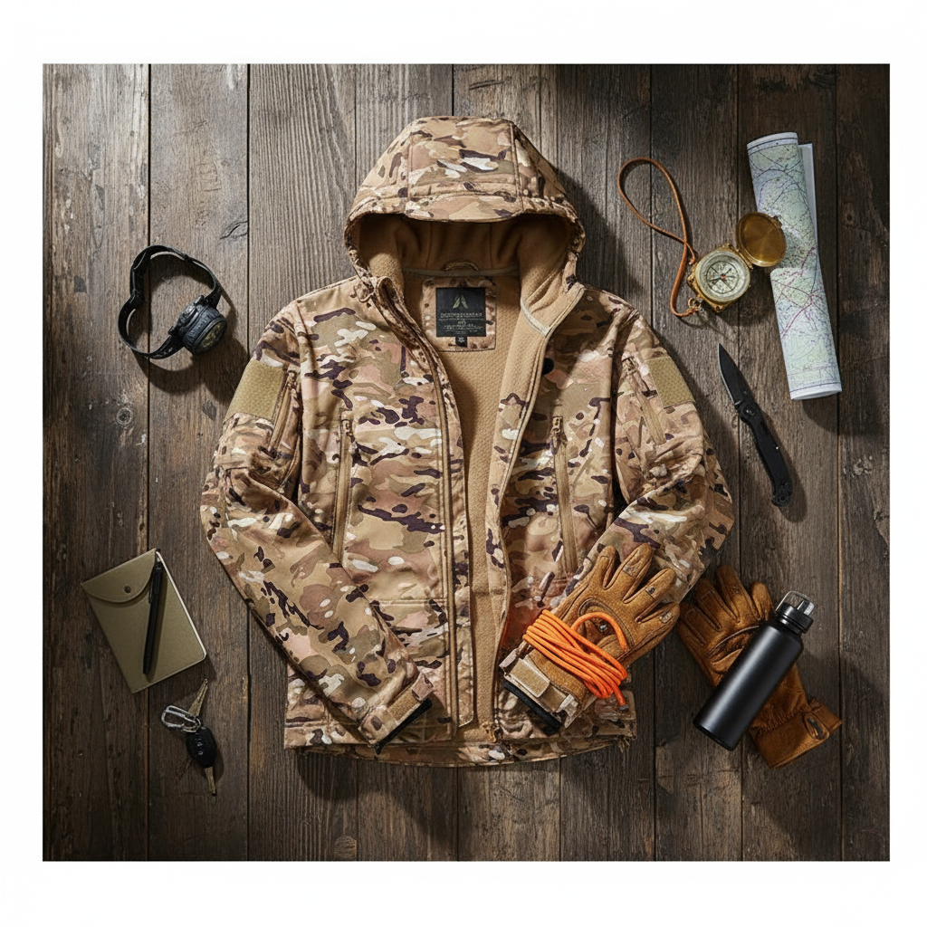 Camouflage heated jacket with outdoor gear on a wooden surface