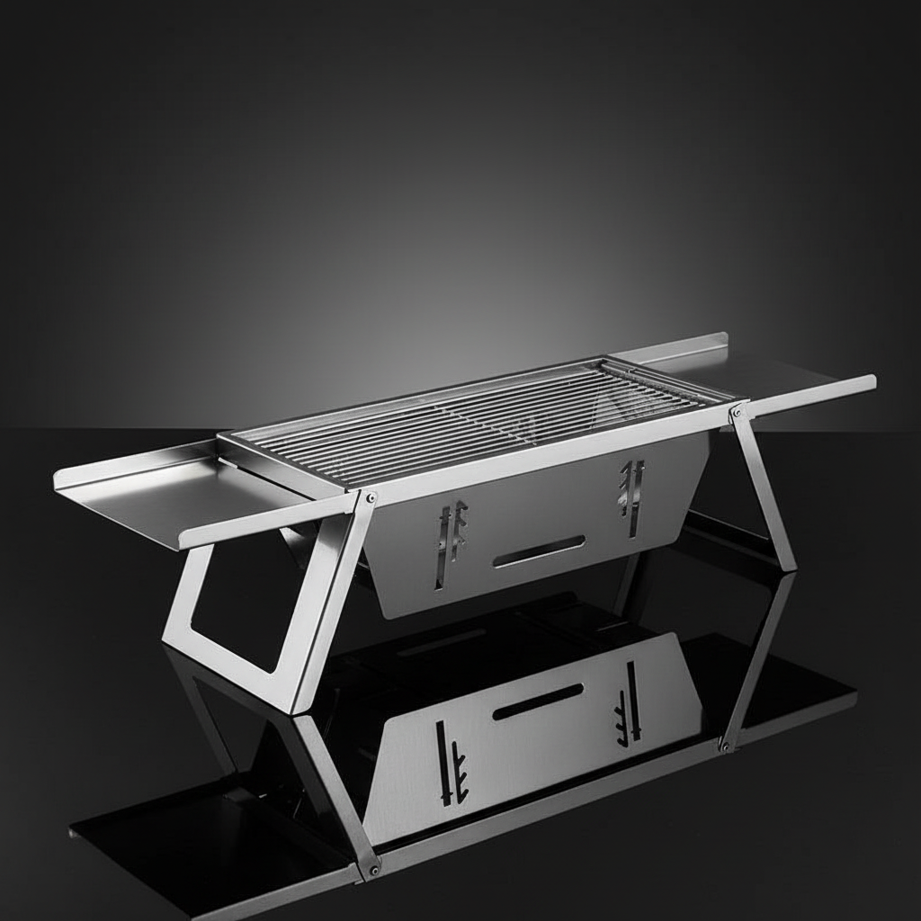 Stainless steel portable bbq on a reflective black surface with a dark background