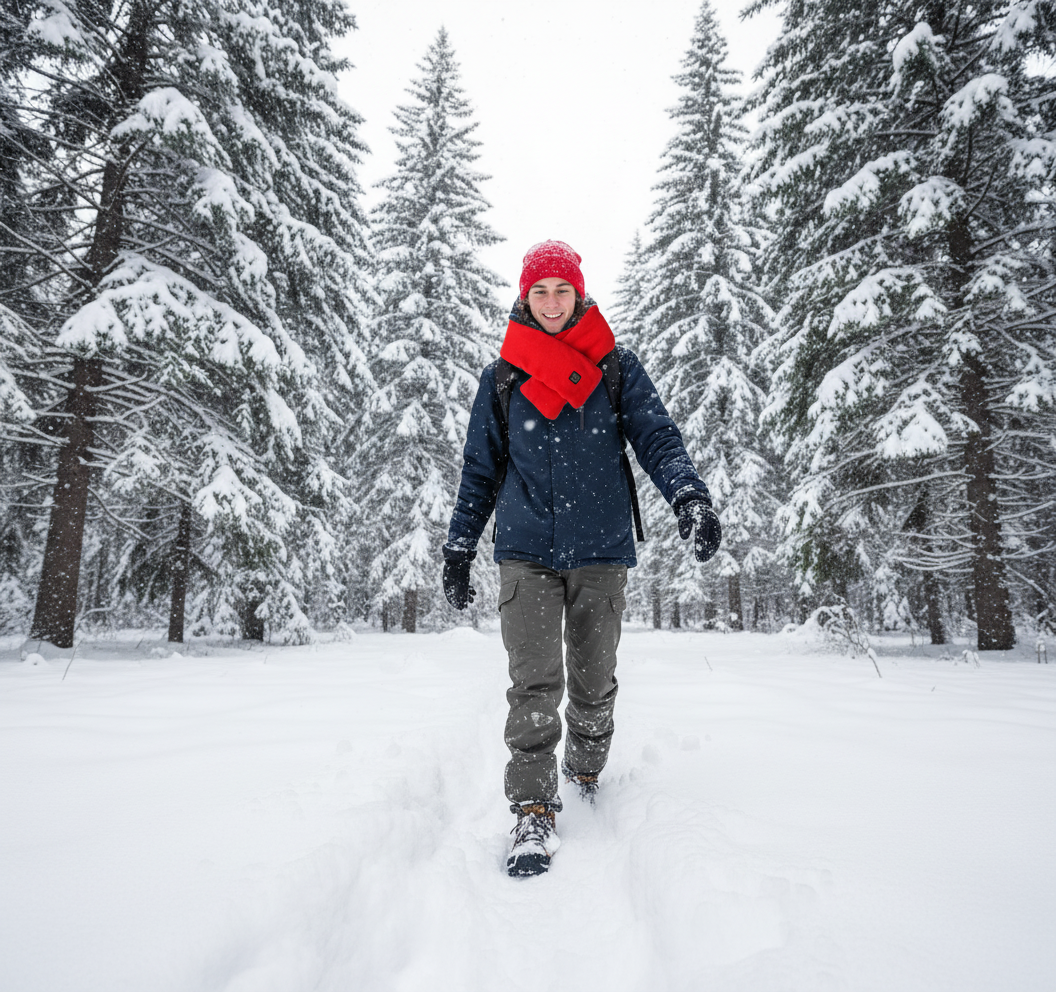 Person walking in a snowy forest wearing a red heated scarf and dark jacket.