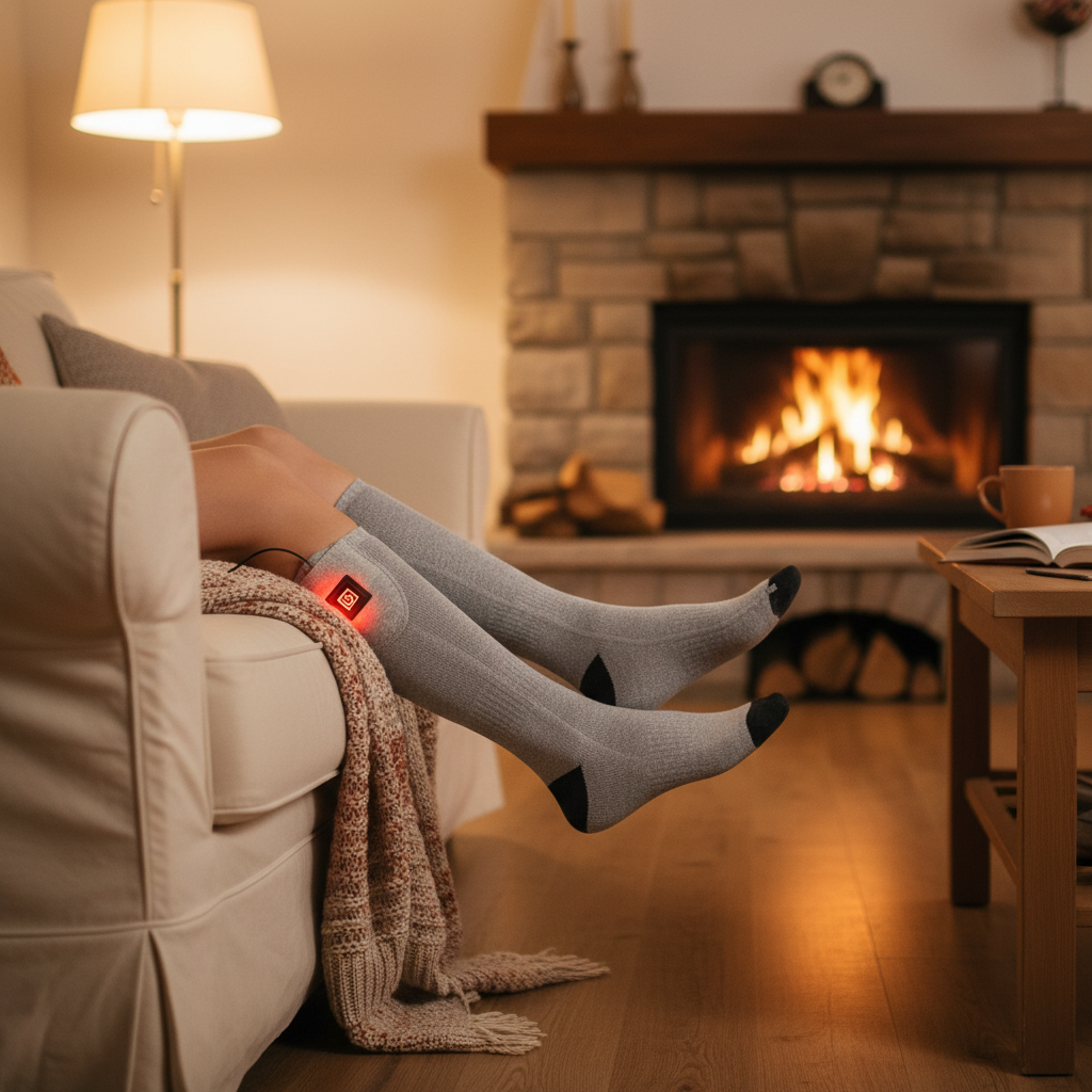 Person relaxing on a couch with feet up by a fireplace, wearing heated socks.