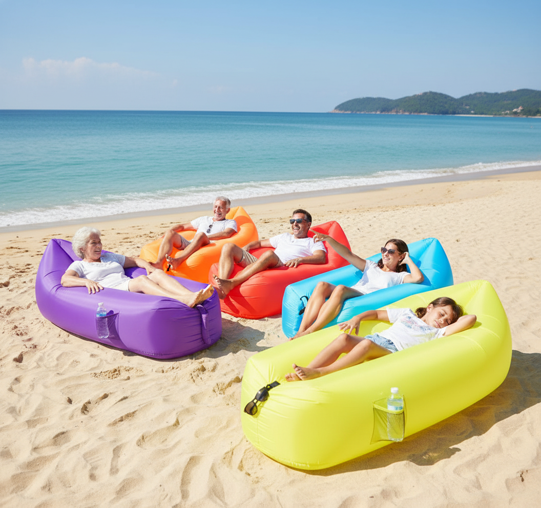 People relaxing on inflatable sofas  at the beach with a clear blue sky.