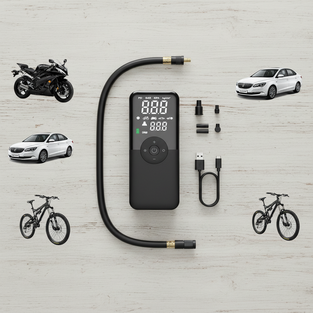 Digital air pump with car, bike, and motorcycle icons on a light gray background