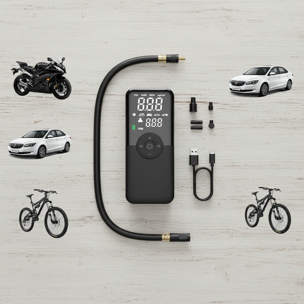 Digital air pump with car, bike, and motorcycle icons on a light gray background