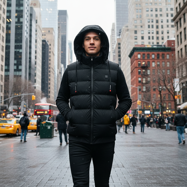 Person Wearing Black Vest with the hood up in the city. people and buildings in the background.
