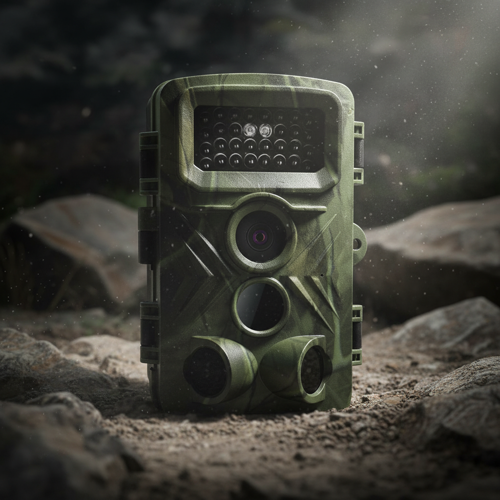 Camouflage-patterned trail camera on a natural background