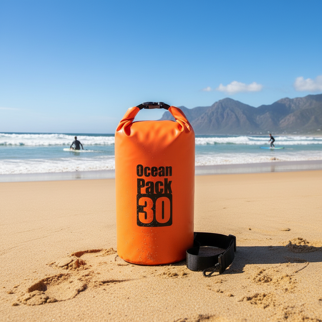 Orange 'Ocean Pack 30' dry bag on a sandy beach with ocean and mountains in the background